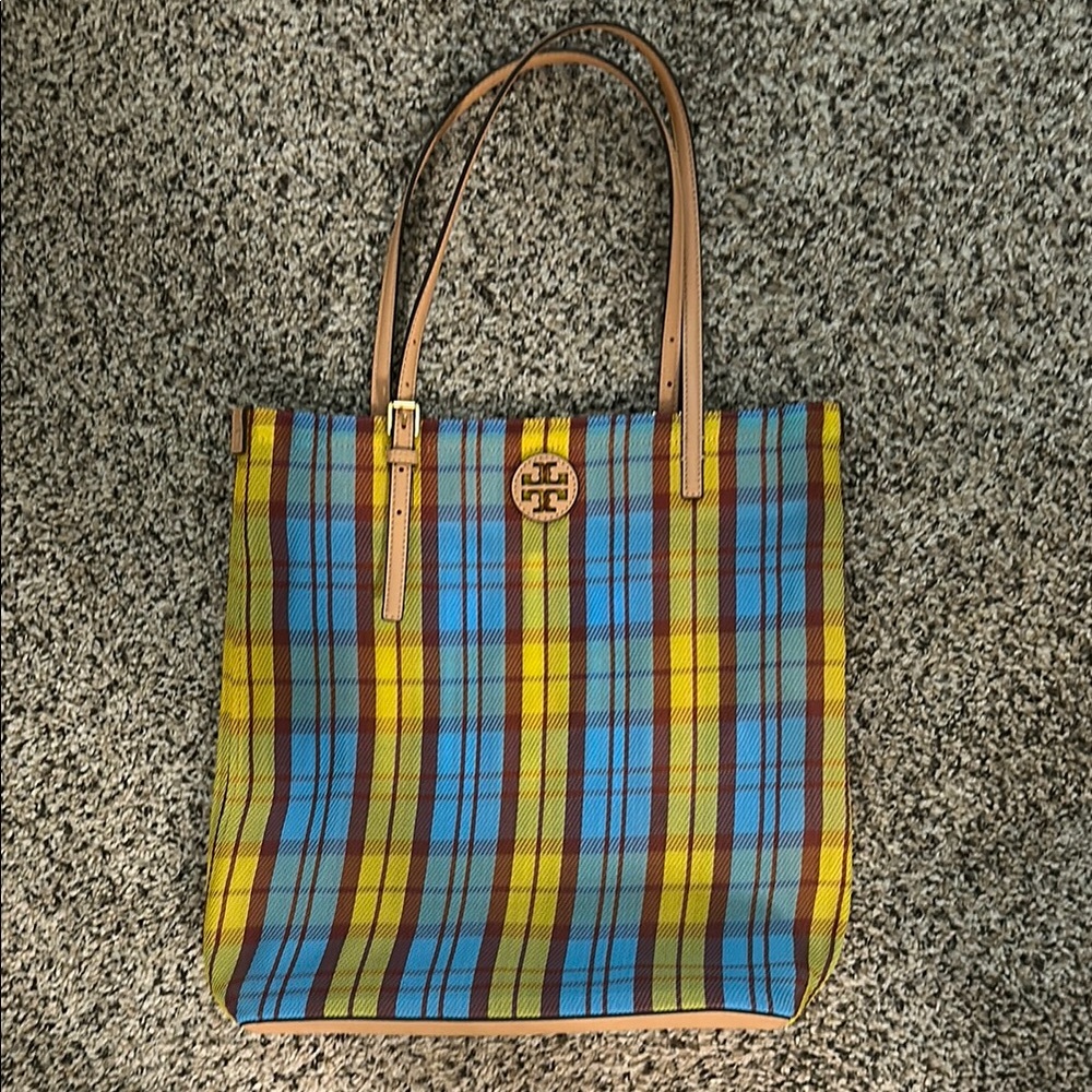 Tory Burch Blue and Yellow Plaid Tote